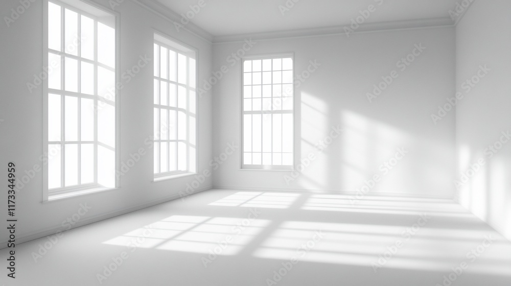 Sunlight streams through large windows in an empty, white room. Sunlight streams through large windows in an empty, white room.