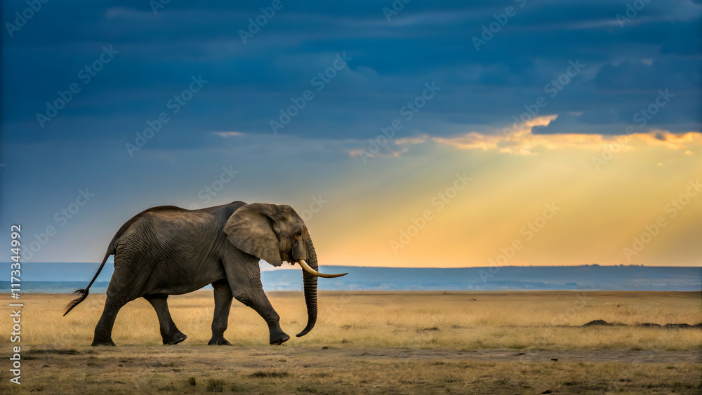 Fototapeta premium Majestic Elephant Walking Through Vast Savannah Under Dramatic Sky