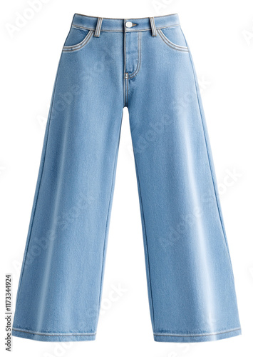 Stylish wide-leg denim pants in light blue isolated on transparent background. photo