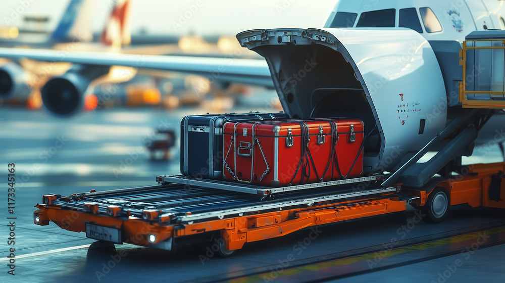 Naklejka premium A robotic baggage handler loading suitcases into the cargo hold of an airplane at an airport