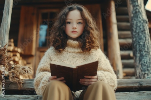 Wallpaper Mural A girl dressed in khaki wide-leg pants and a knit sweater, sitting on the steps of a rustic cabin with a book in her hands Torontodigital.ca