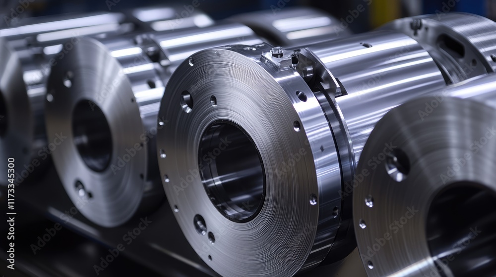 Fototapeta premium A close-up view of large aluminum steel rolls inside a factory, focusing on the meticulous craftsmanship and high-tech machinery that drives the manufacturing process