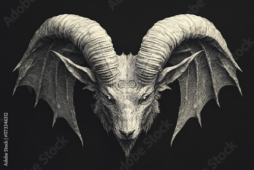 Monochrome illustration of a ram's head with bat-like wings, intricate details, and symbolic markings.