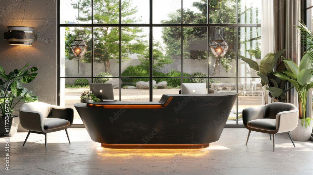 modern reception area with black desk modern reception area with black desk