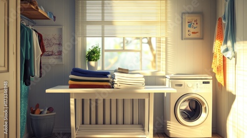 A cozy and domestic room featuring a white table with neatly stacked laundry, accompanied by a washing machine, perfect for conveying home comfort