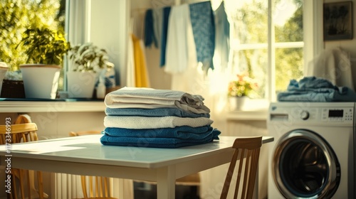 A cozy and domestic room featuring a white table with neatly stacked laundry, accompanied by a washing machine, perfect for conveying home comfort