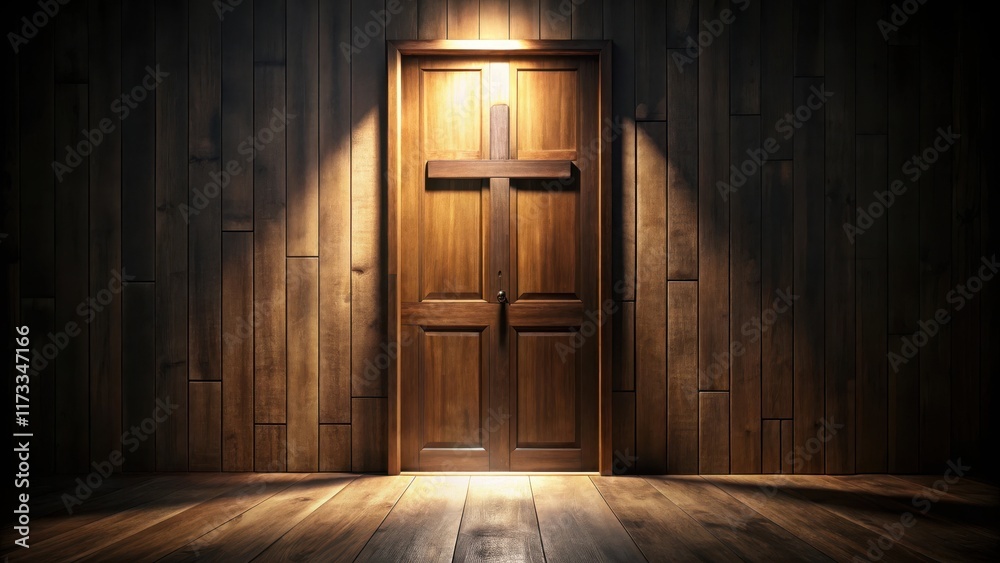 Obraz premium Dark room with cross shaped door, soft lighting creates deep shadows and mystery, texture of the door is visible through the wood grain , interior design, wooden door