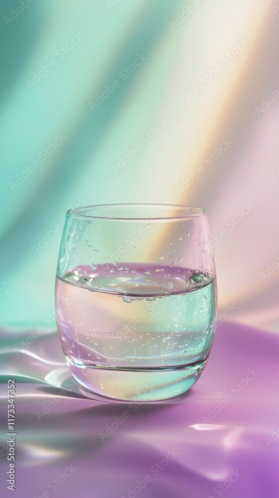 Reflections of tranquility in a glass of water surrounded by soft hues Reflections of tranquility in a glass of water surrounded by soft hues