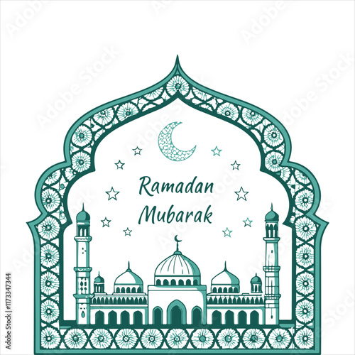 Beautiful Ramadan Mubarak Greeting Card with Mosque Design and Decorative Elements