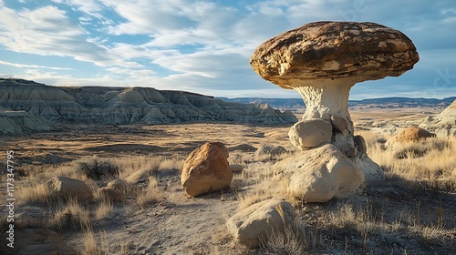 Mushroom rock formations with eroded stones, balanced boulders, and geological wonders, set against a dramatic landscape photo