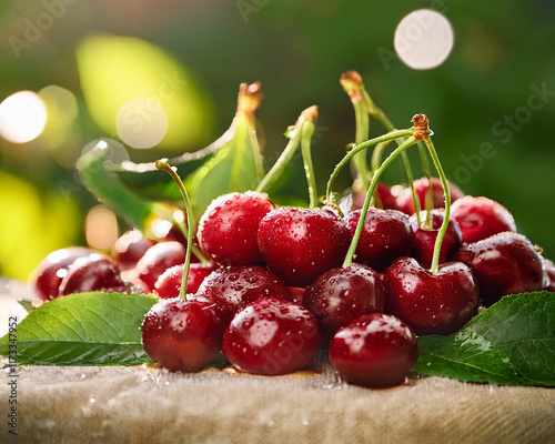 Sweet cherries with green foliage, ripe cherries picked in a summer garden, wet fruits, and a backdrop of food photo