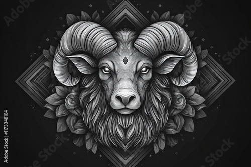 Monochrome ram head illustration with intricate details, surrounded by floral elements and geometric shapes. photo