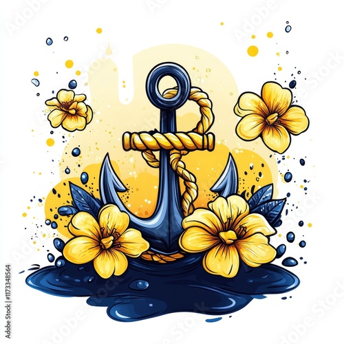 A vibrant anchor surrounded by yellow flowers and splashes of color. photo