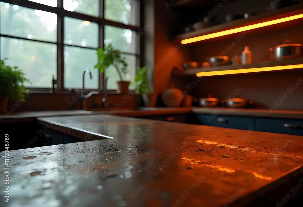 Captivating Kitchen Ambiance With Soft Lighting and Natural Elements During a Rainy Day Captivating Kitchen Ambiance With Soft Lighting and Natural Elements During a Rainy Day