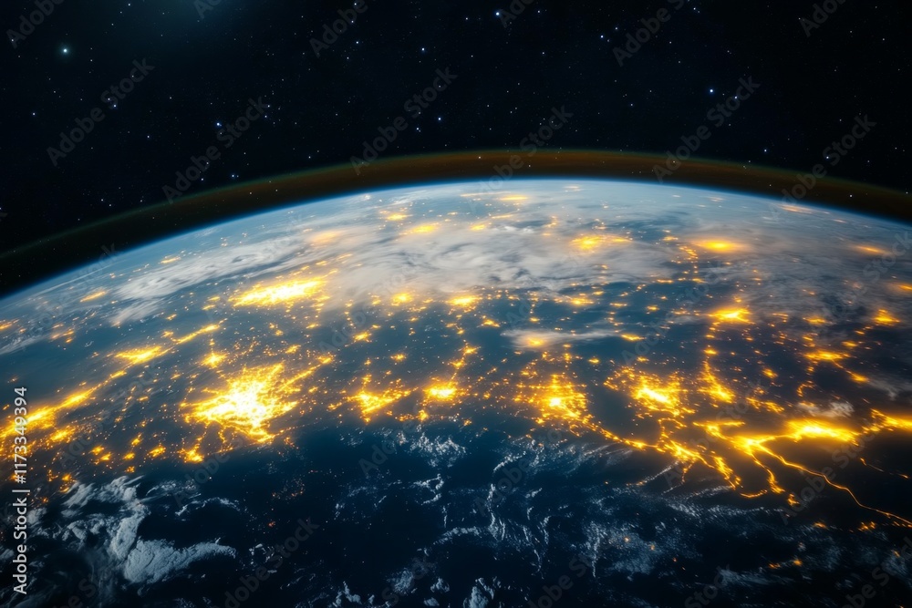Obraz premium A night view of Korea from space, with city lights glowing in urban areas and dark spaces highlighting rural regions