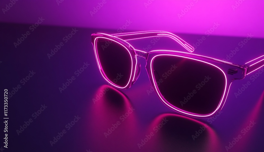 Neon pink sunglasses on dark surface with reflection. Neon pink sunglasses on dark surface with reflection.