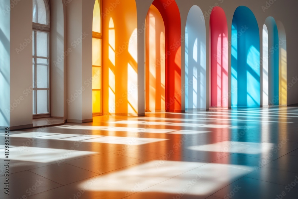 A kaleidoscope effect spreading across the floor of a modern room, with light shining through a spinning prism