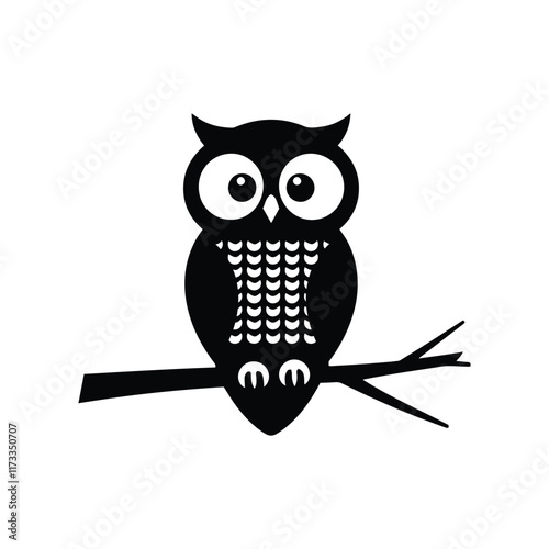 Stylized Black and White Owl Silhouette on a Branch Vector Template photo