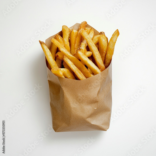 A brown paper bag filled with golden, crispy French fries is shown against a white background.