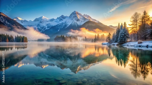 serene alpine lake at sunrise with mist rising from water surface and surrounding mountains covered in snow, alpine landscape, peaceful water