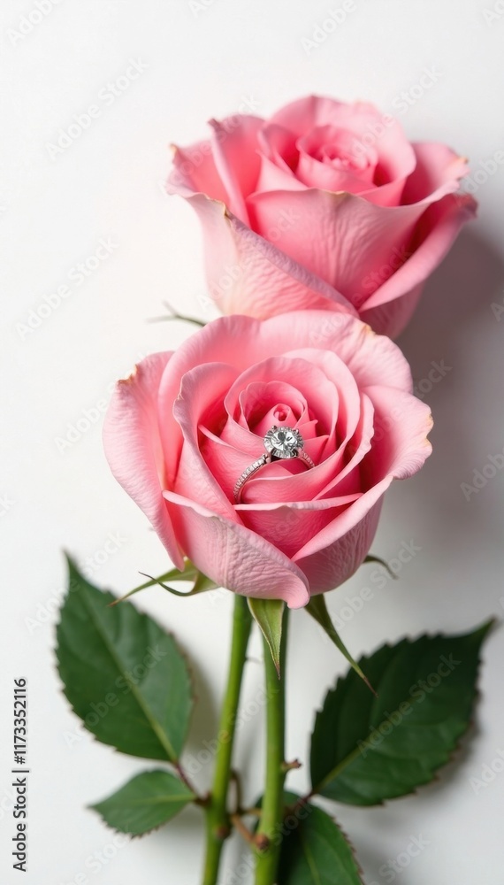 Delicate pink roses and silver rings, isolated on white, symbol, shiny Delicate pink roses and silver rings, isolated on white, symbol, shiny