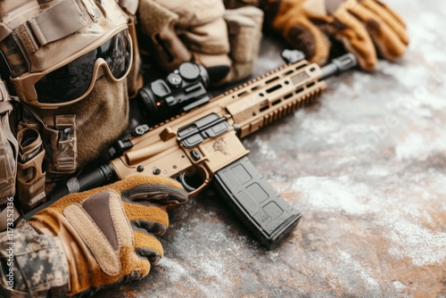 A khaki SMG (submachine gun) displayed on a clean industrial surface, with tactical equipment like gloves and flashlights photo