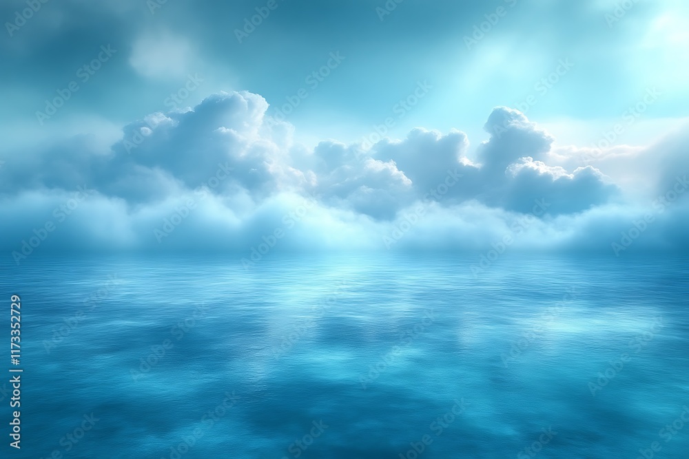 Serene ocean scene with fluffy clouds reflecting on calm water under a soft blue sky.