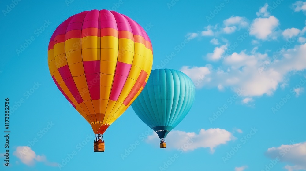 Fototapeta premium Colorful Hot Air Balloons Flying in Blue Sky with White Clouds
