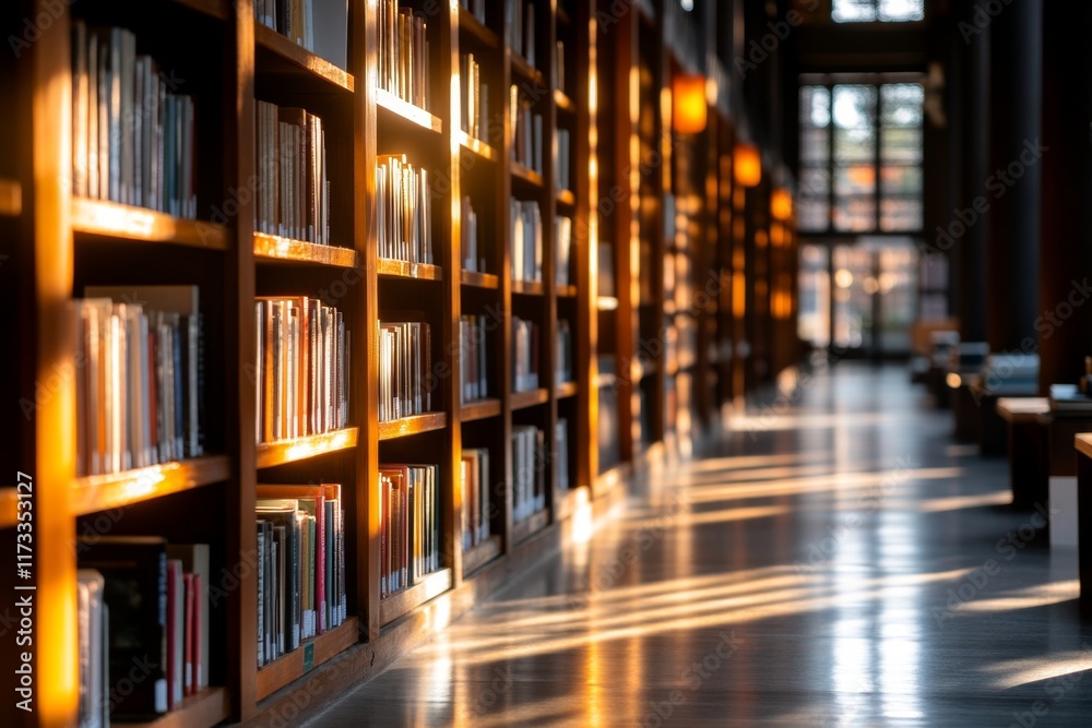 Fototapeta premium A quiet Korean library with traditional wooden furniture, shelves of books, and warm sunlight streaming in through paper windows