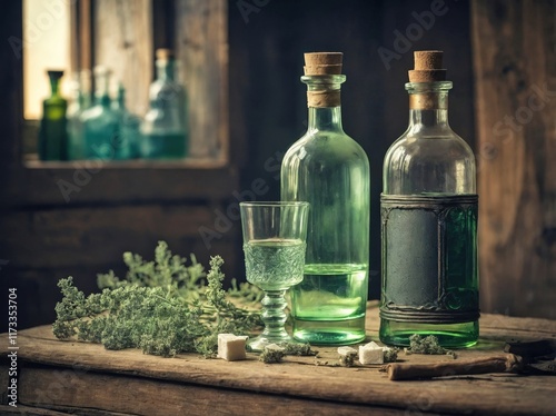 Wallpaper Mural Absinthe Bottle and Glass in a Rustic Scene Torontodigital.ca