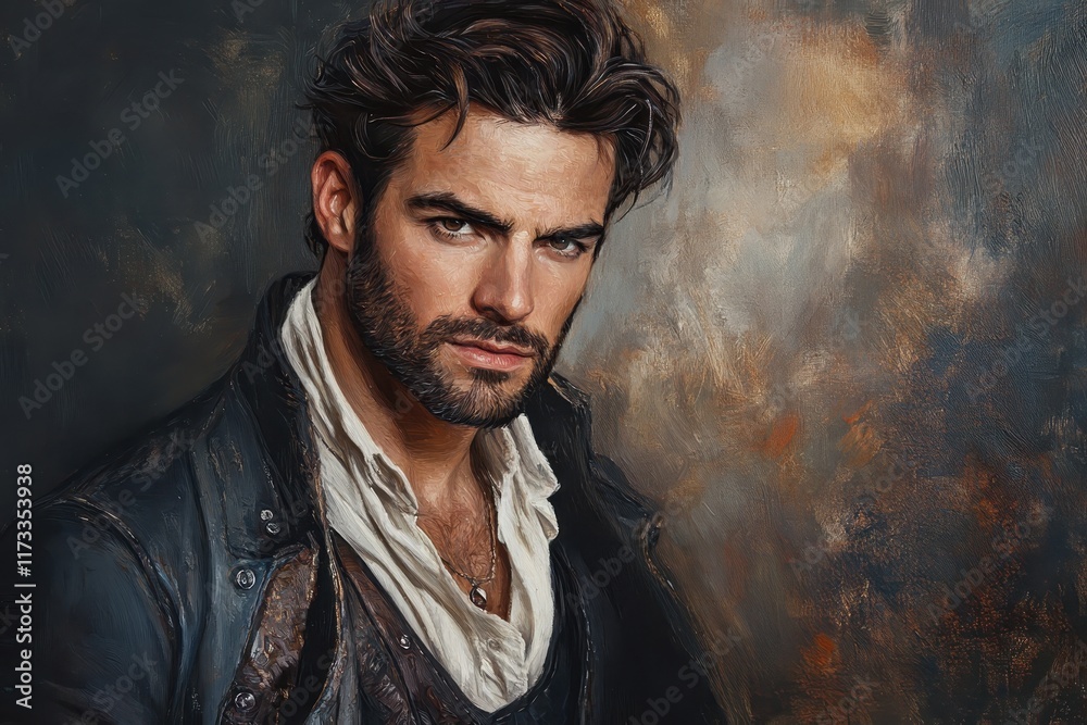 Obraz premium Portrait of a man with dramatic expression and stylish attire in a moody setting at dusk