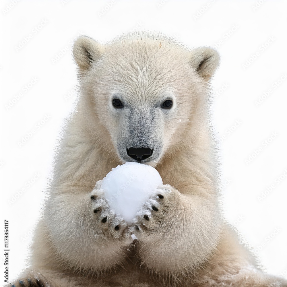 Fototapeta premium Adorable polar bear cub playing with a snowball in winter.