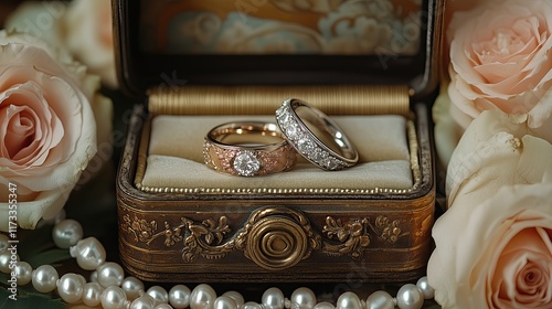 Vintage Engagement Ring in Ornate Jewelry Box with Roses and Pearls Romantic Vintage Wedding Jewelry Antique Engagement Ring Photography Heirloom-Inspired Bridal Accessories photo