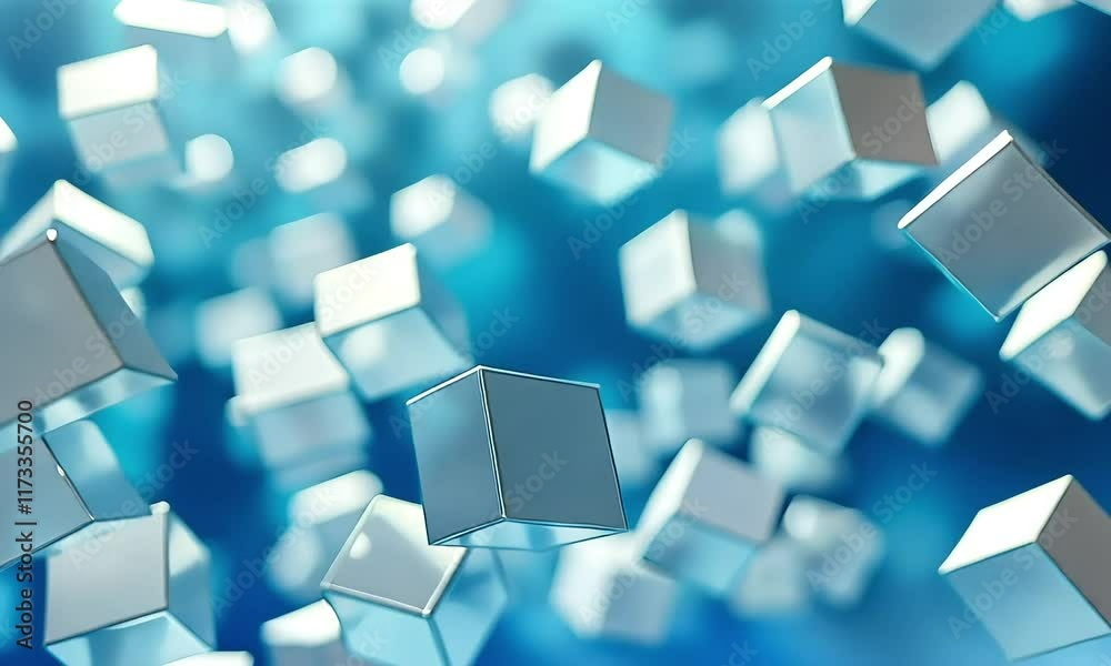 Abstract background with floating blue cubes.