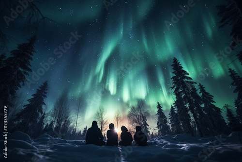 A group of people collectively appreciate celestial spectacle of Northern Aurora, as they witness it together and admire illuminated night sky from a back view photo