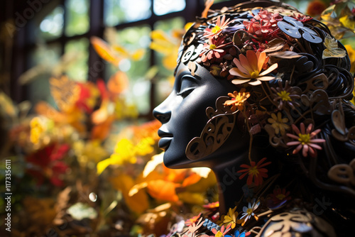 A harmonious connection with nature is represented by a papercut silhouette of a human head decorated with an abundant display of leaves and flowers photo