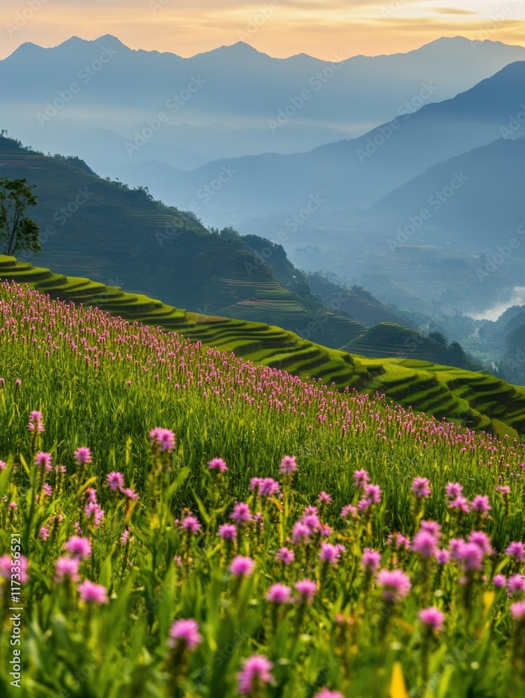 Fototapeta premium Serene Sunrise over a Flower-Filled Landscape with Terraced Rice Fields and Mountains in the Background