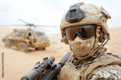 A military soldier holding a khaki assault rifle, standing in a desert setting with sand dunes in the background photo