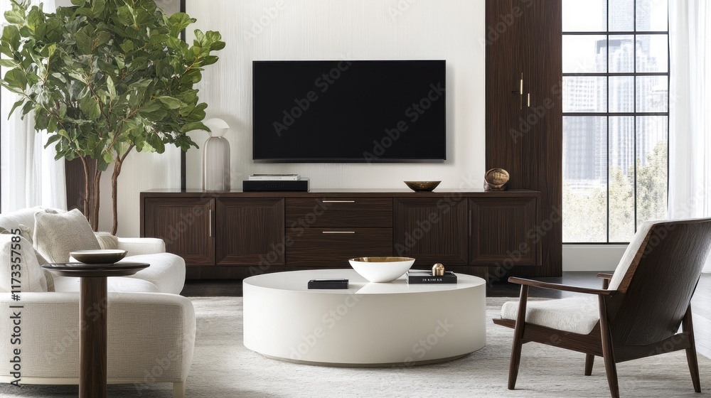 Modern living room with a sleek design, featuring a TV, furniture, and a plant. Modern living room with a sleek design, featuring a TV, furniture, and a plant.