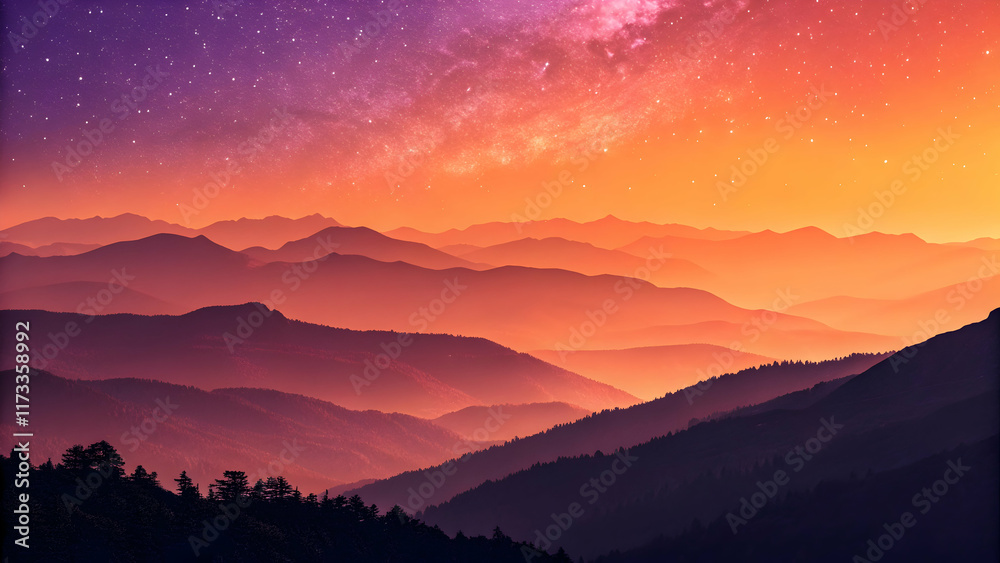 Fototapeta premium Majestic Sunset Over Serene Mountain Range with Starry Sky