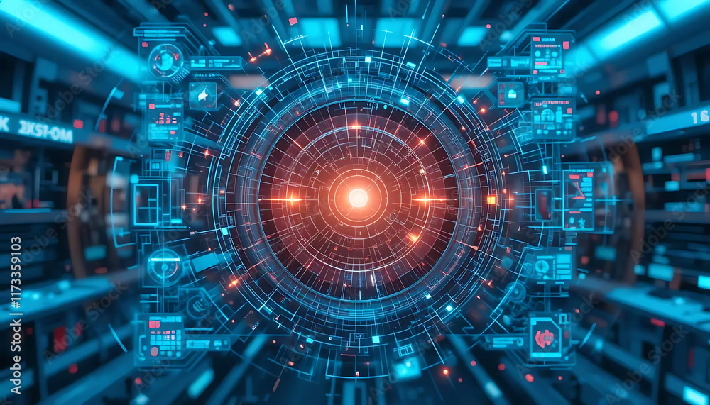 Obraz premium A futuristic holographic interface with digital data and AI integration.