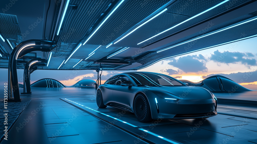 Fototapeta premium An electric car charging at a futuristic station with solar panels integrated into its roof