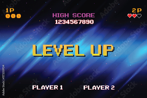 LEVEL UP. pixel art .8-bit game. Retro Futurism Sci-Fi Background. glowing neon grid. and stars from vintage arcade computer games