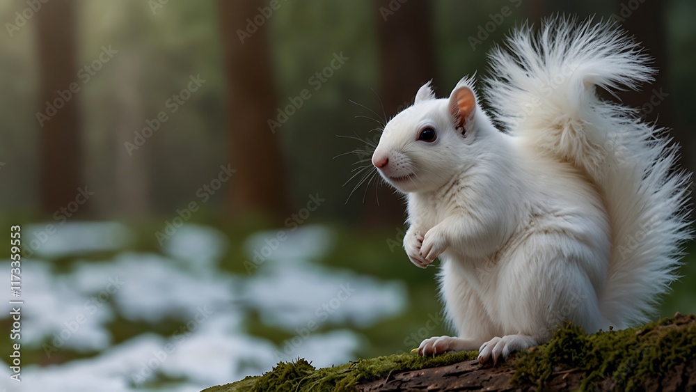 Fototapeta premium close up detailed photo of an albino or white squirrel that lives on green tree grassland forest habitat background