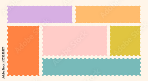 Frames Scalloped Vector Corrugated Bento Grid Shapes Set. Scallop Frame Wavy Retro Stickers Collection. Zig Zag Edge Geometric Borders Tag Boxes. Wiggle Line Design Sign Background. Isolated