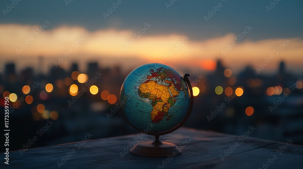 Globe at sunset over city skyline. (2) Globe at sunset over city skyline. (2)