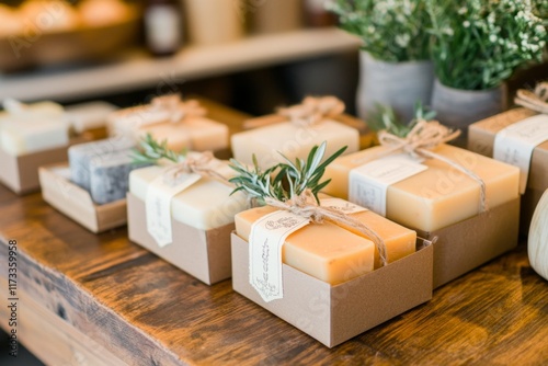 A small business packaging handmade soap bars in kraft paper boxes, with stamps and labels adding a personal touch photo