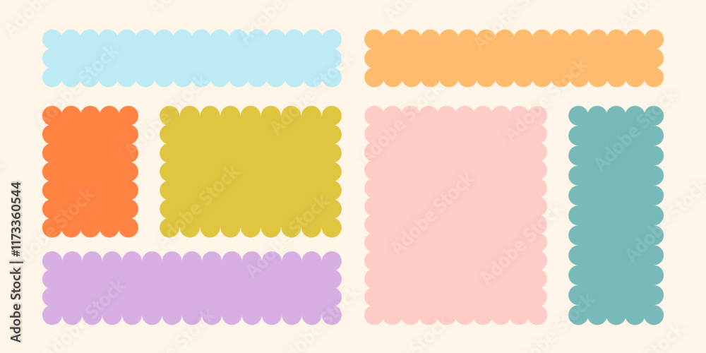 Frames Scalloped Vector Corrugated Bento Grid Shapes Set. Scallop Frame Wavy Retro Stickers Collection. Zig Zag Edge Geometric Borders Tag Boxes. Wiggle Line Design Sign Background. Isolated