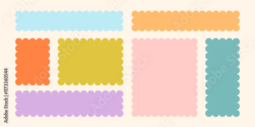 Frames Scalloped Vector Corrugated Bento Grid Shapes Set. Scallop Frame Wavy Retro Stickers Collection. Zig Zag Edge Geometric Borders Tag Boxes. Wiggle Line Design Sign Background. Isolated