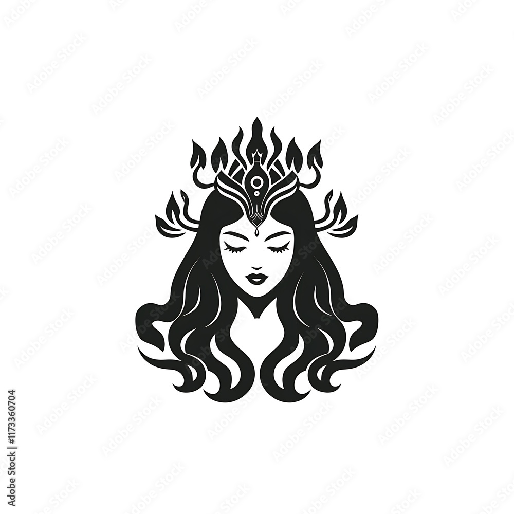 Goddess illustration with crown and wavy hair. Goddess illustration with crown and wavy hair.